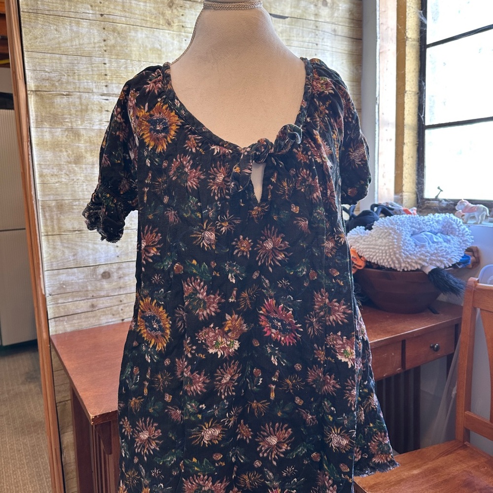 Floral Tie-Front Peasant Dress - Black with Rust & Gold Sun Flowers